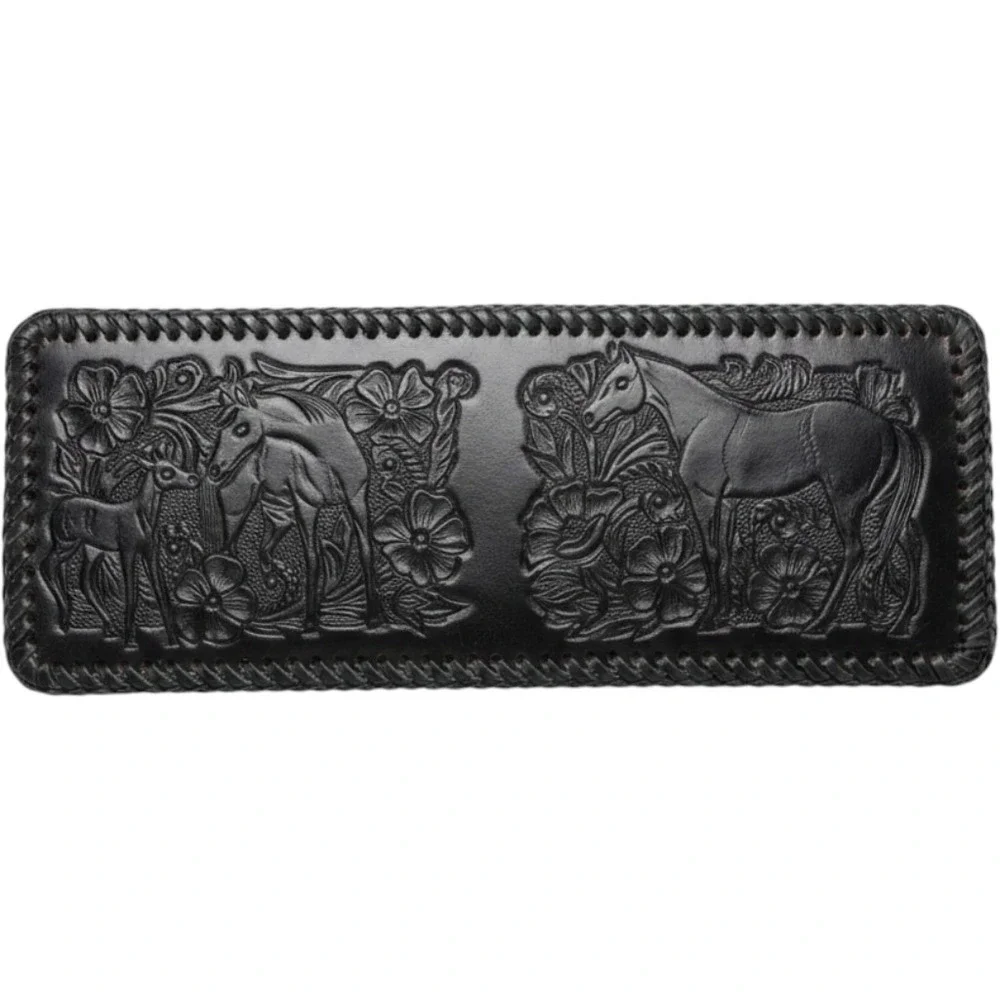 Vintage Tooled Leather Horse Wallet Western Cowboy Black Whipstitch Money Clip
